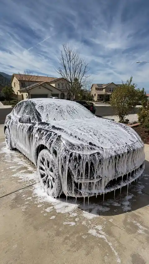 A black Tesla Model Y covered in foam in a customer's driveway, mid-wash