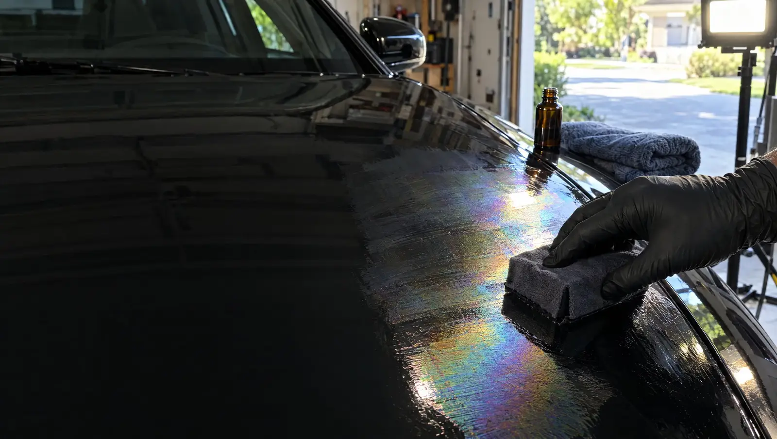 Gloved hand laying ceramic coating on a black hood with a suede applicator, the coating flashing a rainbow sheen