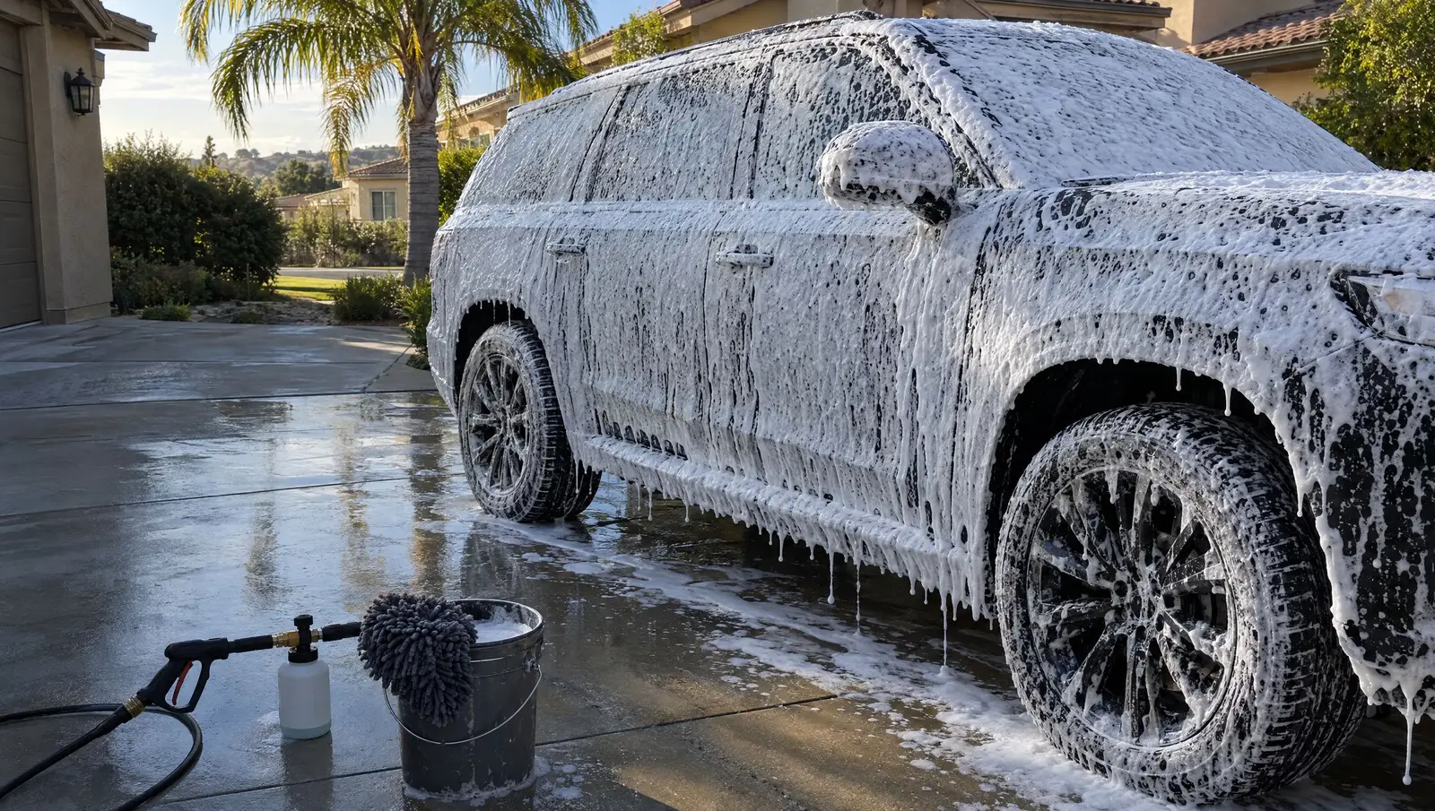 Black SUV covered in thick snow foam in a driveway, pressure washer and wash bucket in front