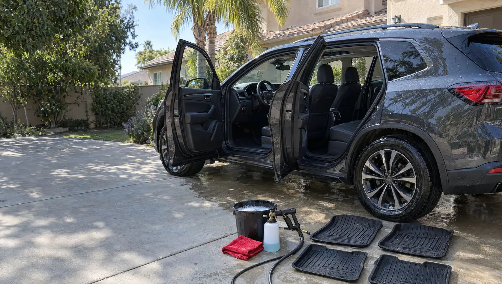 SUV in a driveway mid full detail: doors open, floor mats drying on the concrete, foam cannon and bucket beside it