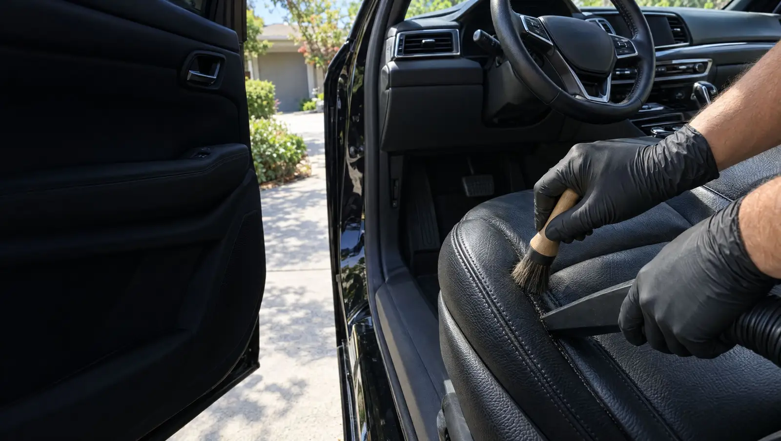 Detailing brush and vacuum crevice tool working the seams of a black leather driver seat