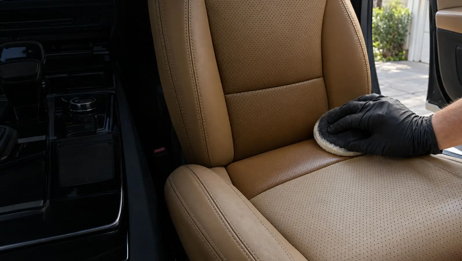 Foam applicator pad working conditioner into a tan perforated leather seat