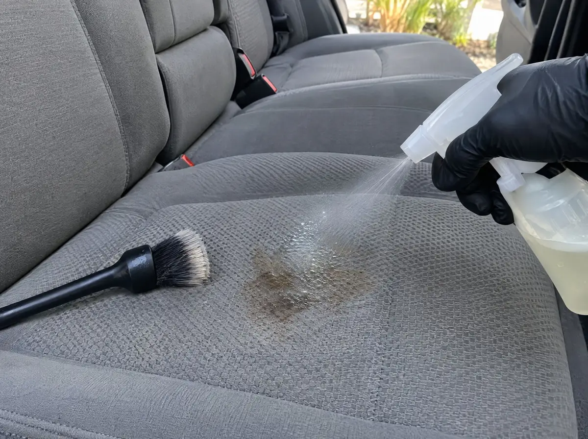 Trigger bottle spraying pre-treatment on a stain on a grey cloth rear seat, brush beside it