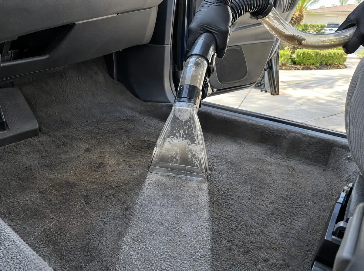 Extractor wand pulling a clean wet stripe across stained grey car carpet, dirty water in the hose