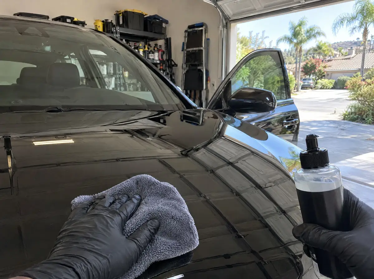 Panel wipe and microfiber on a glossy black hood in a home garage before coating