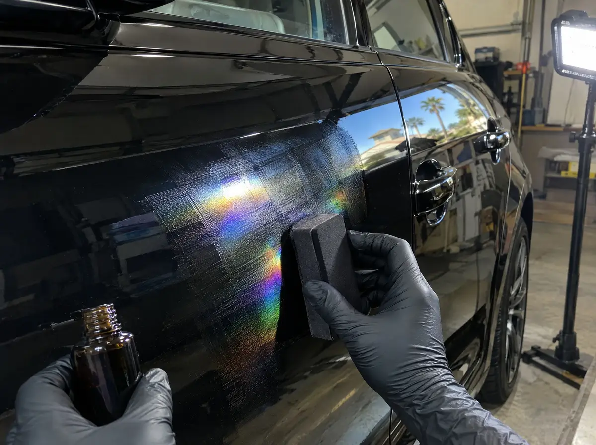 Suede applicator block spreading ceramic coating in a crosshatch on a black door under a work light