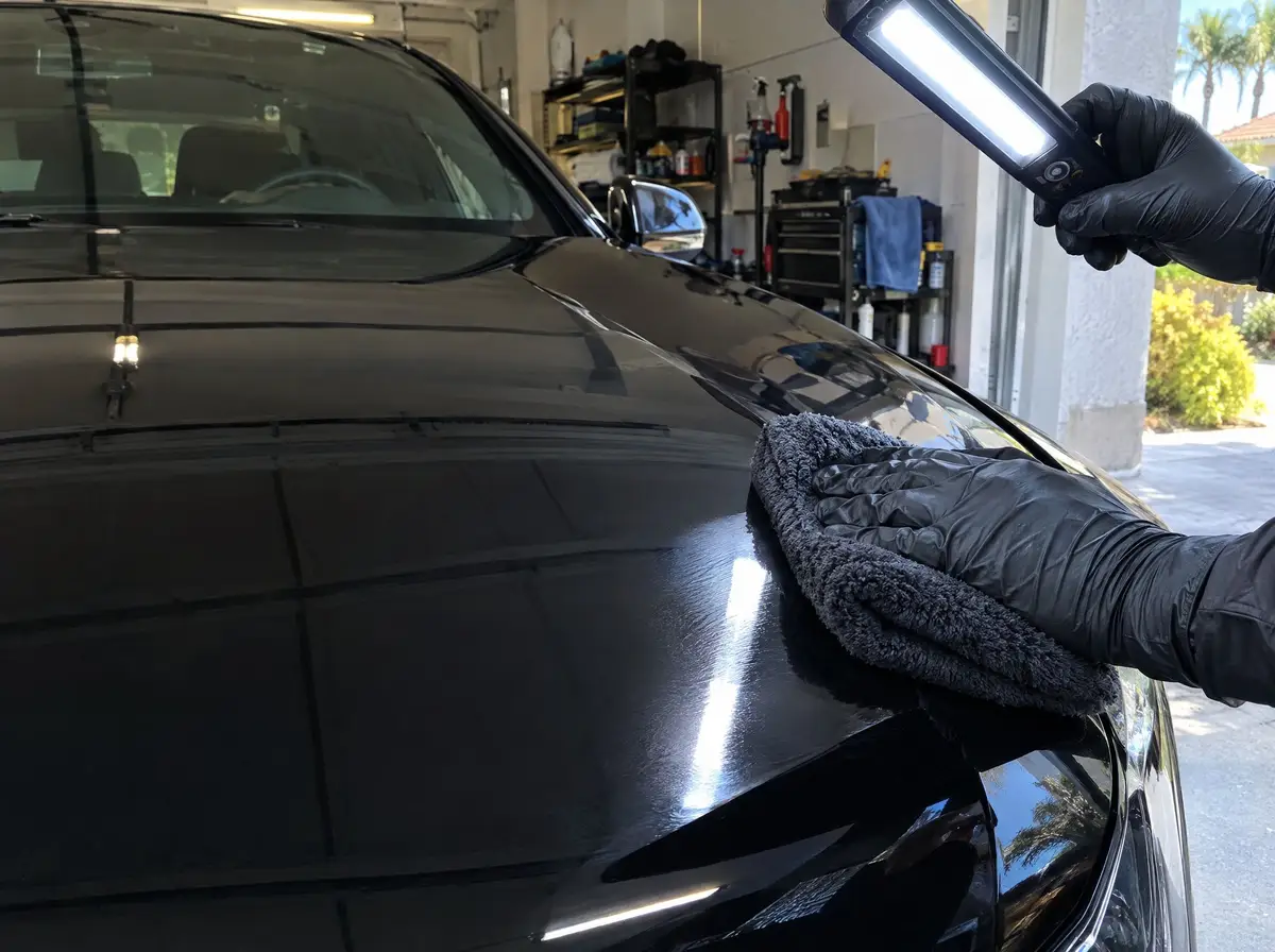 Plush microfiber leveling ceramic coating on a black hood under a handheld inspection light