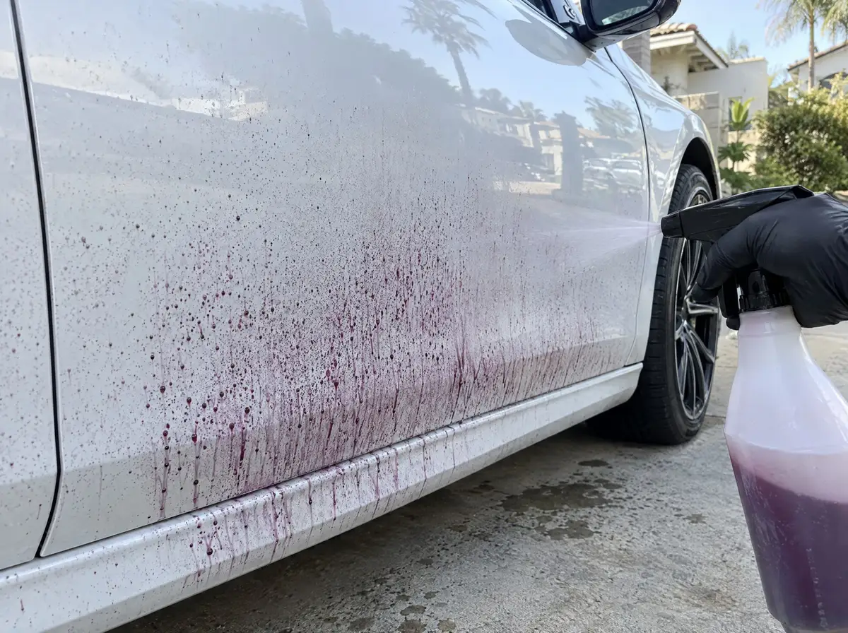 Iron remover on a white car door turning purple where brake dust had bonded to the paint