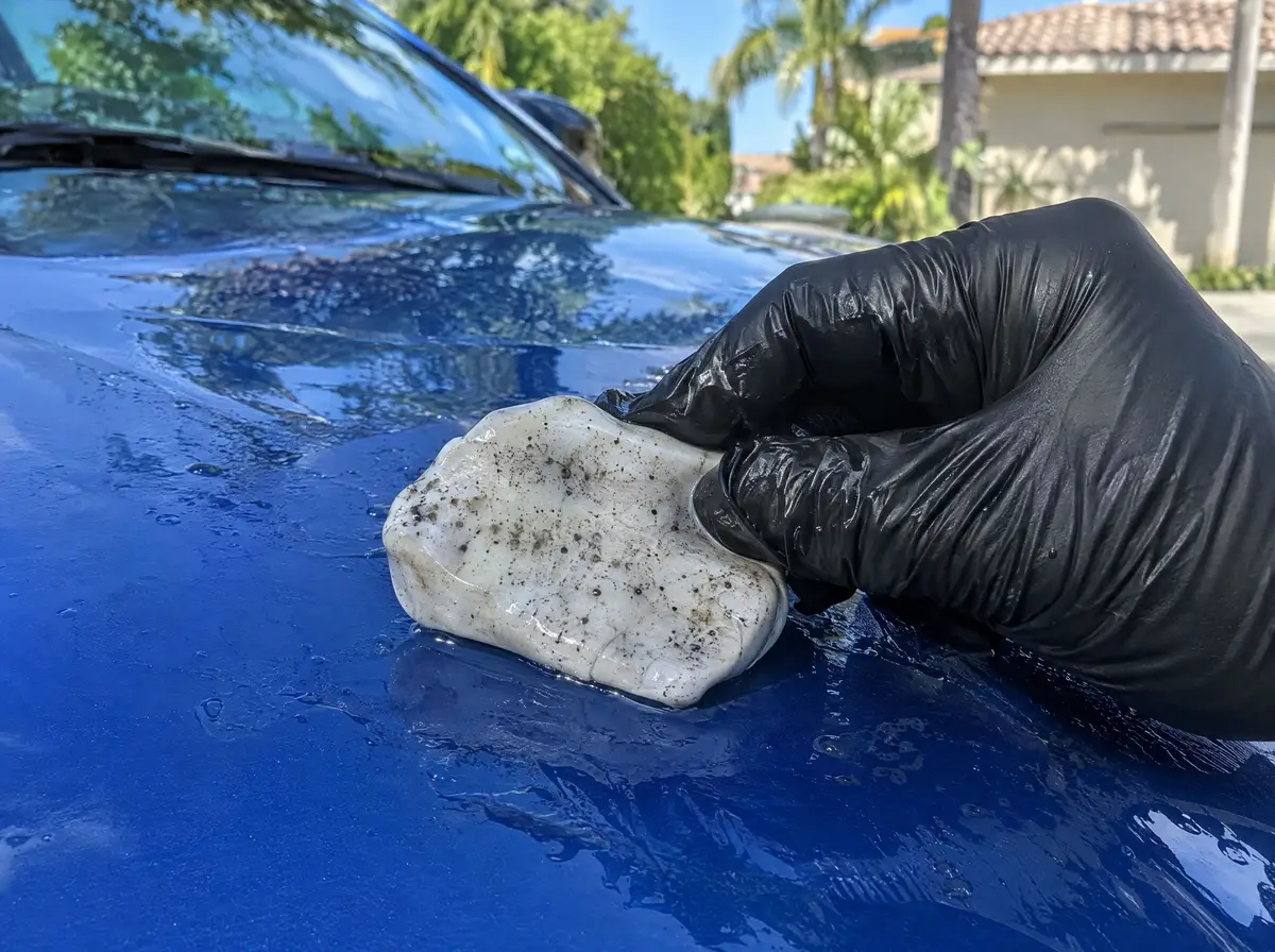 Clay bar on a lubricated blue hood, flipped to show the specks of contamination it picked up