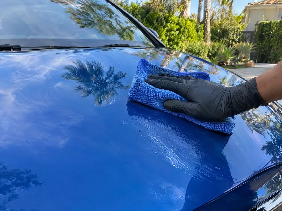 Microfiber towel spreading spray sealant on a smooth blue hood reflecting a palm tree