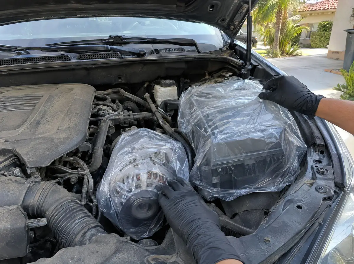 Hood open on a sedan, plastic sheeting laid over the fuse box and alternator before cleaning