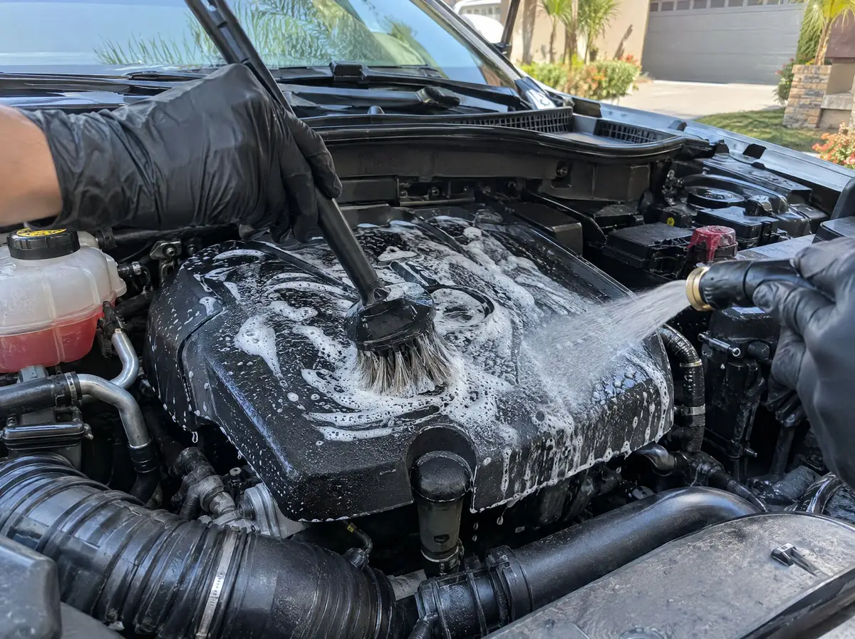 Long-handled brush scrubbing degreaser foam over a plastic engine cover, rinse spray in the other hand