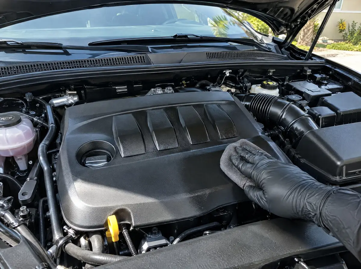 Satin dressing wiped onto a clean black engine cover, the whole bay clean and dry