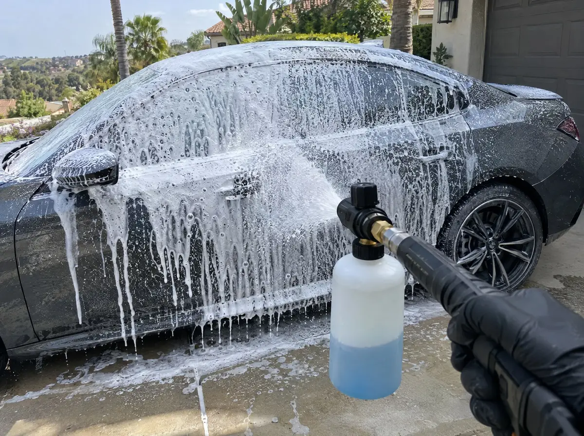 Thick snow foam dripping down the side of a dark grey sedan, foam cannon in a gloved hand