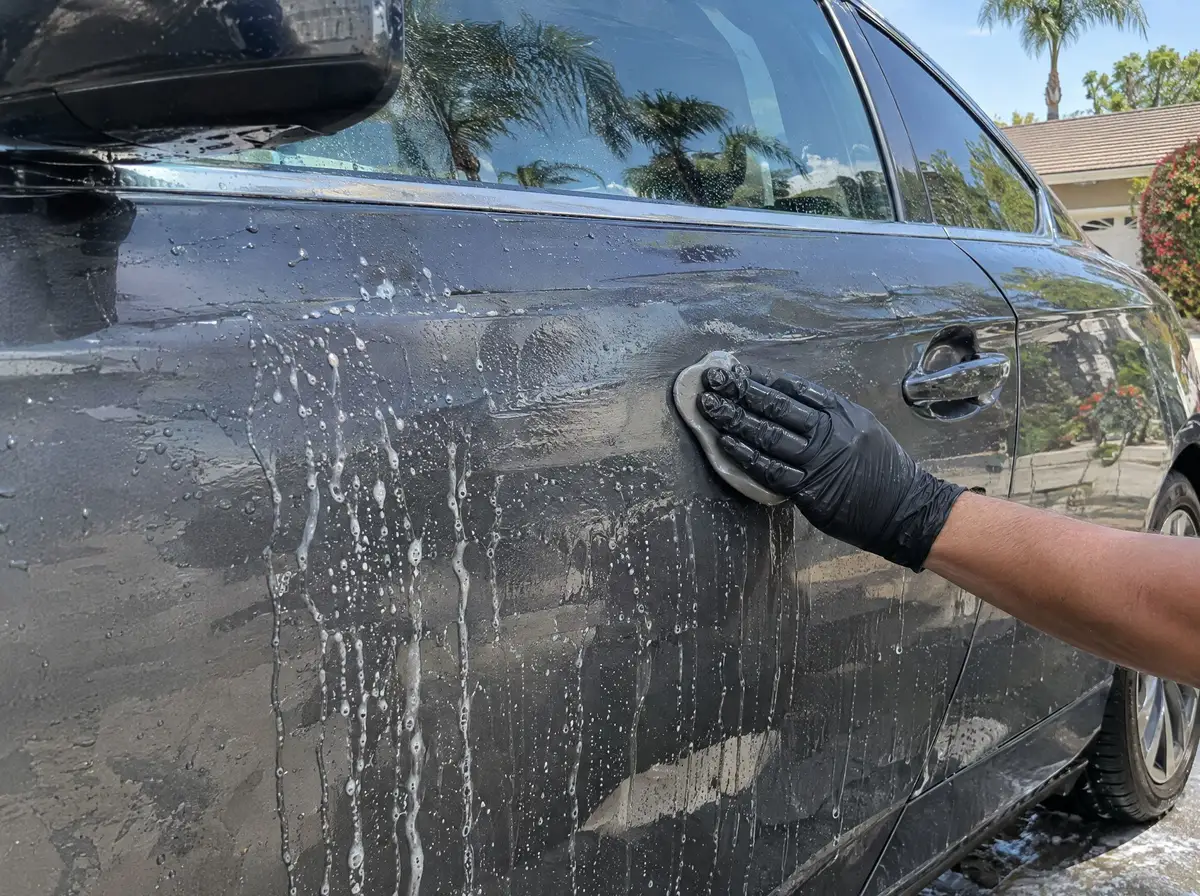 Clay bar gliding over a wet, lubricated door panel of a dark grey sedan