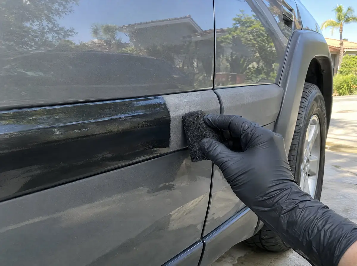 Trim dressing applied to a faded plastic trim strip on an SUV, half deep black, half still grey