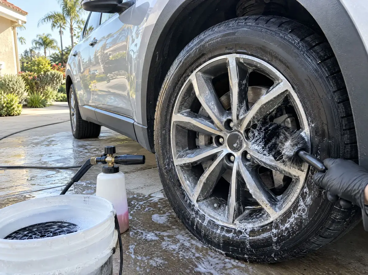 Gloved hand scrubbing an alloy wheel on a silver SUV with a wheel brush, foam cannon and bucket on the driveway
