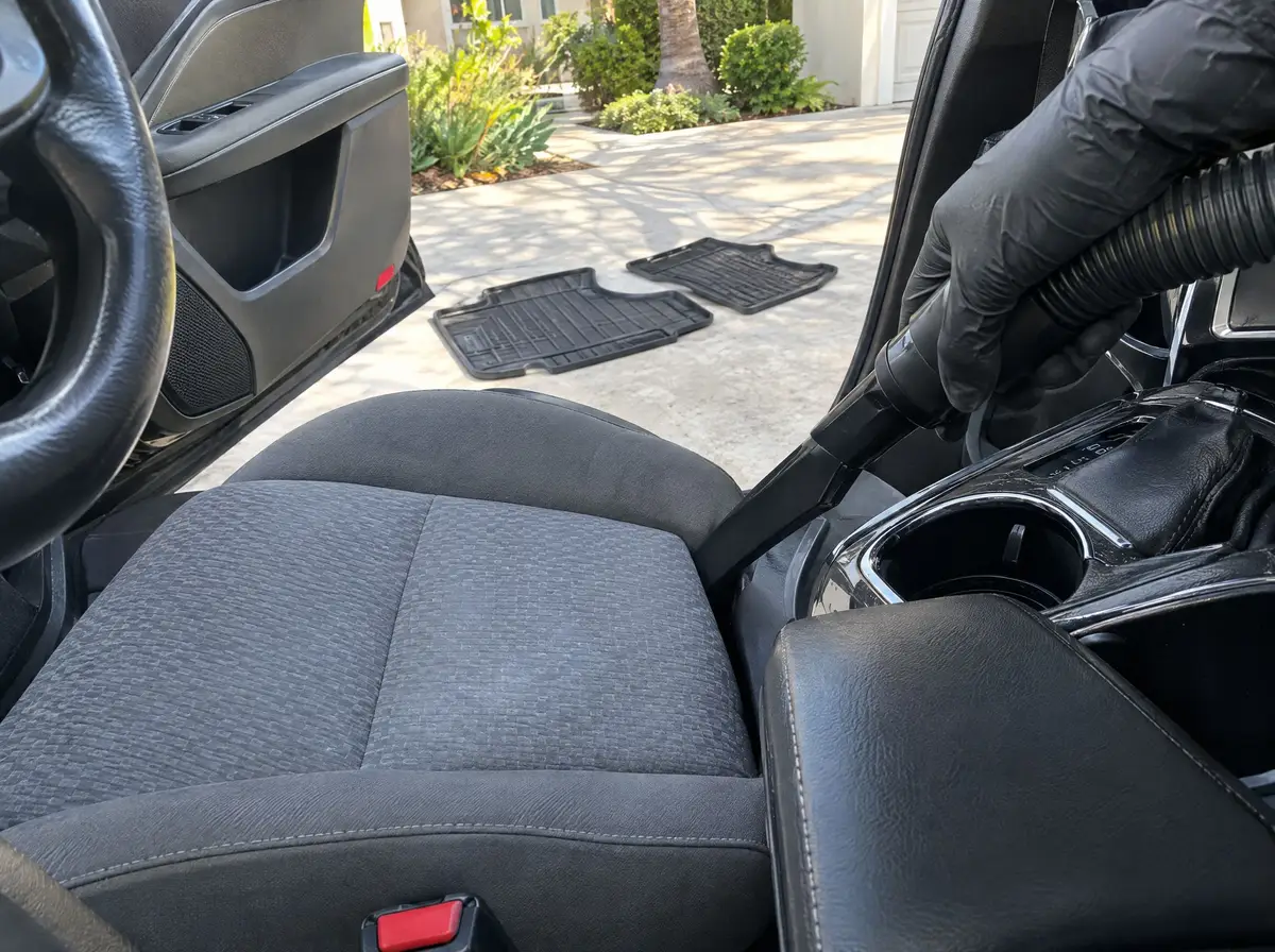 Vacuum crevice tool between a cloth front seat and the console, floor mats drying on the driveway outside