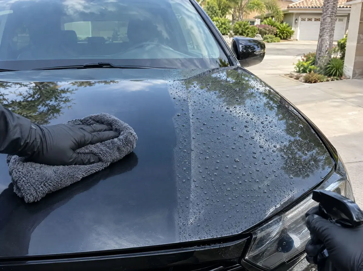 Microfiber towel spreading spray sealant across a dark hood, water beading on the sealed half