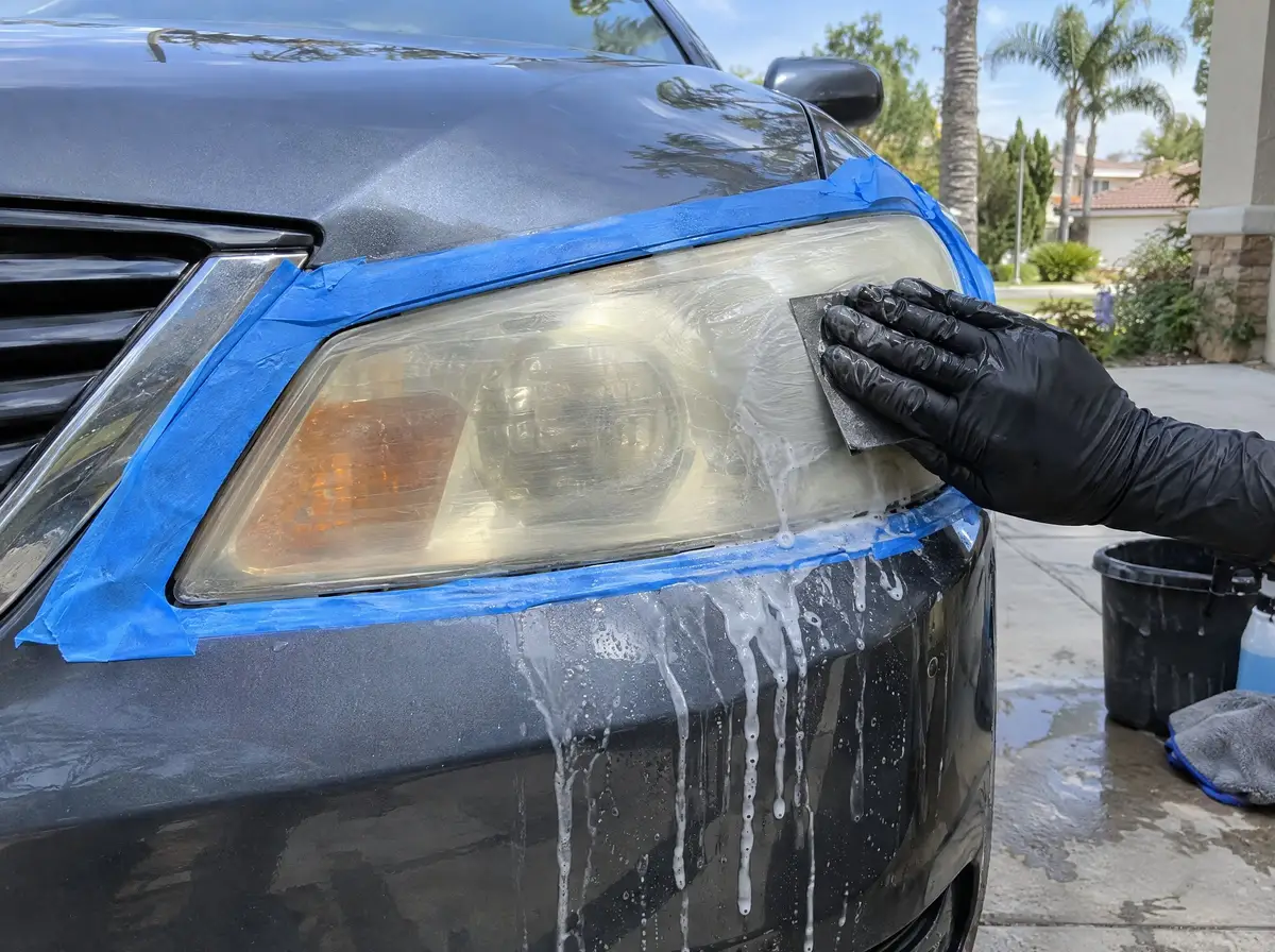Headlight masked with blue tape, a gloved hand wet sanding the hazy yellow lens