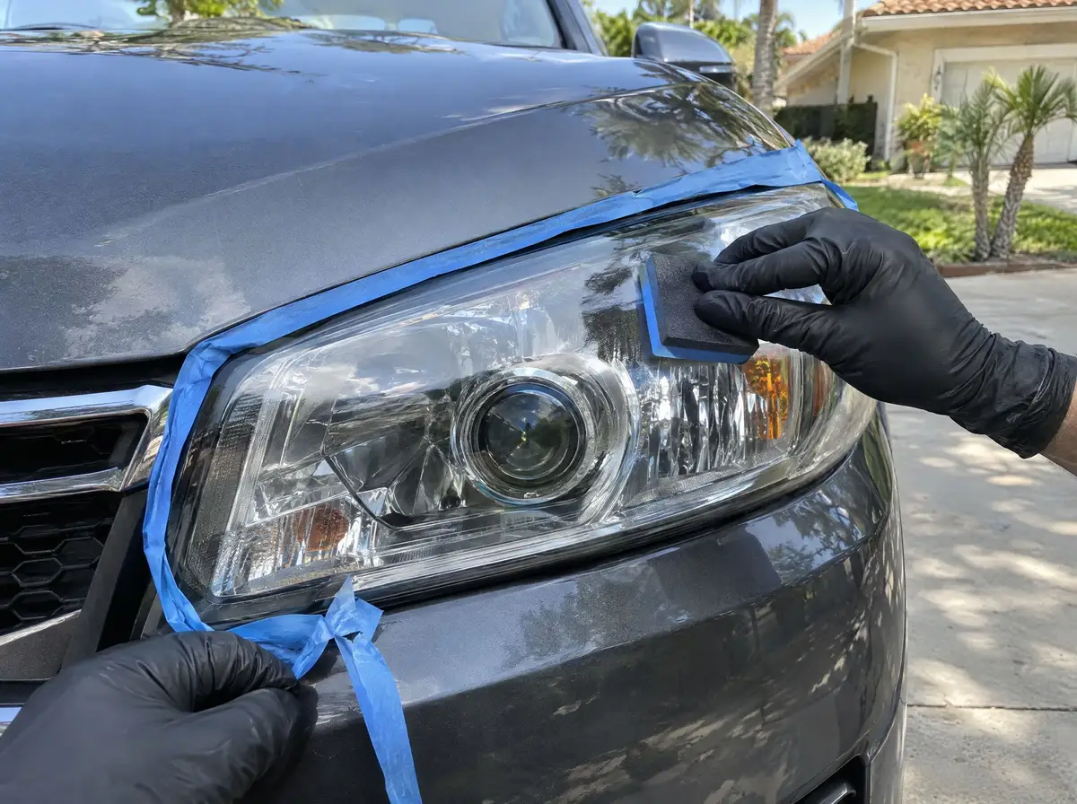 UV sealant wiped onto a restored, clear headlight with an applicator pad