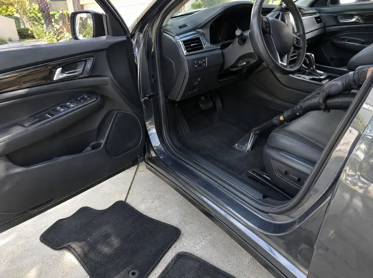 Detailing vacuum on the carpet floor of a sedan, driver door open, mats out on the driveway