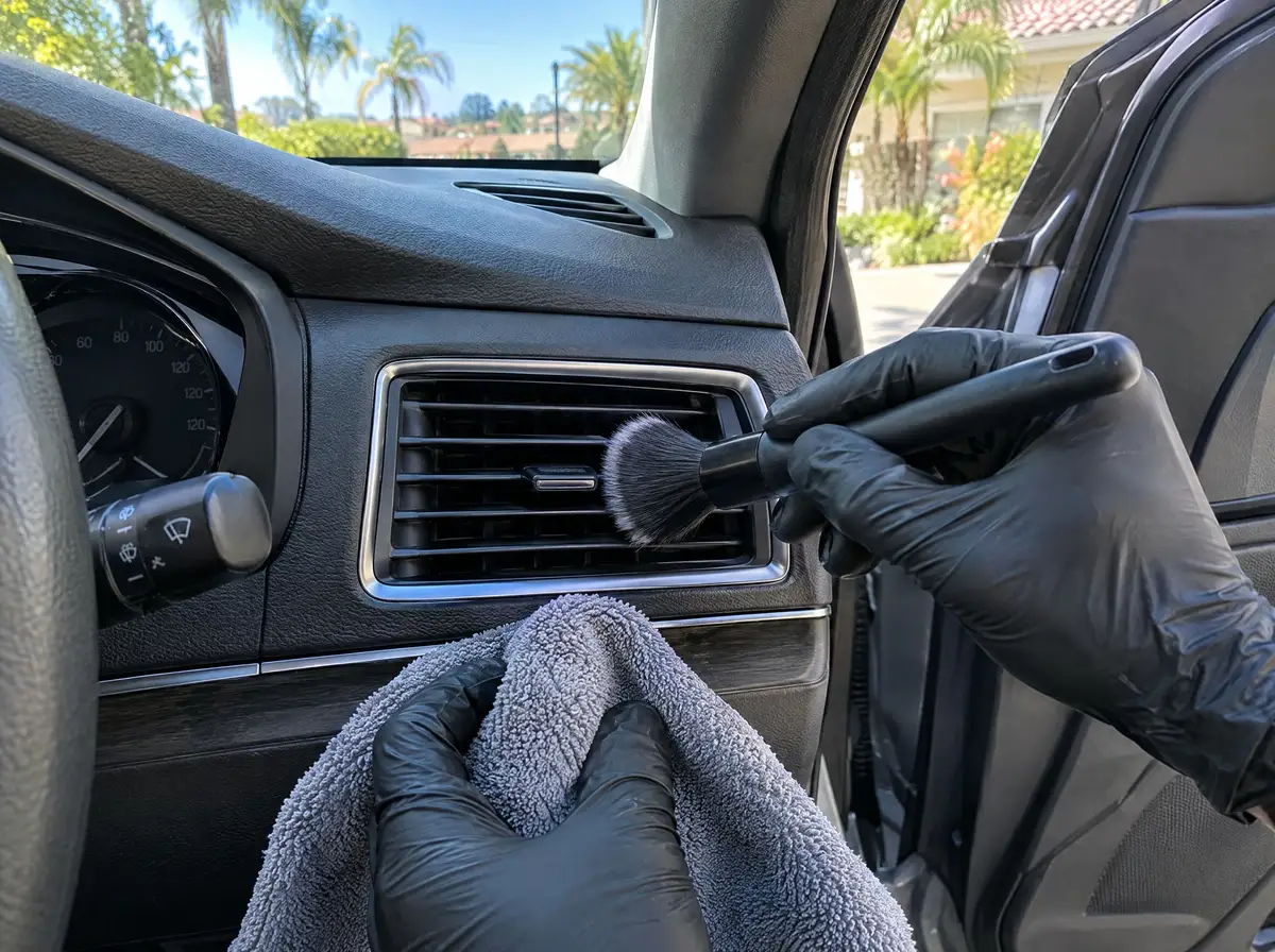 Soft brush working dust out of a dashboard air vent, microfiber towel in the other hand