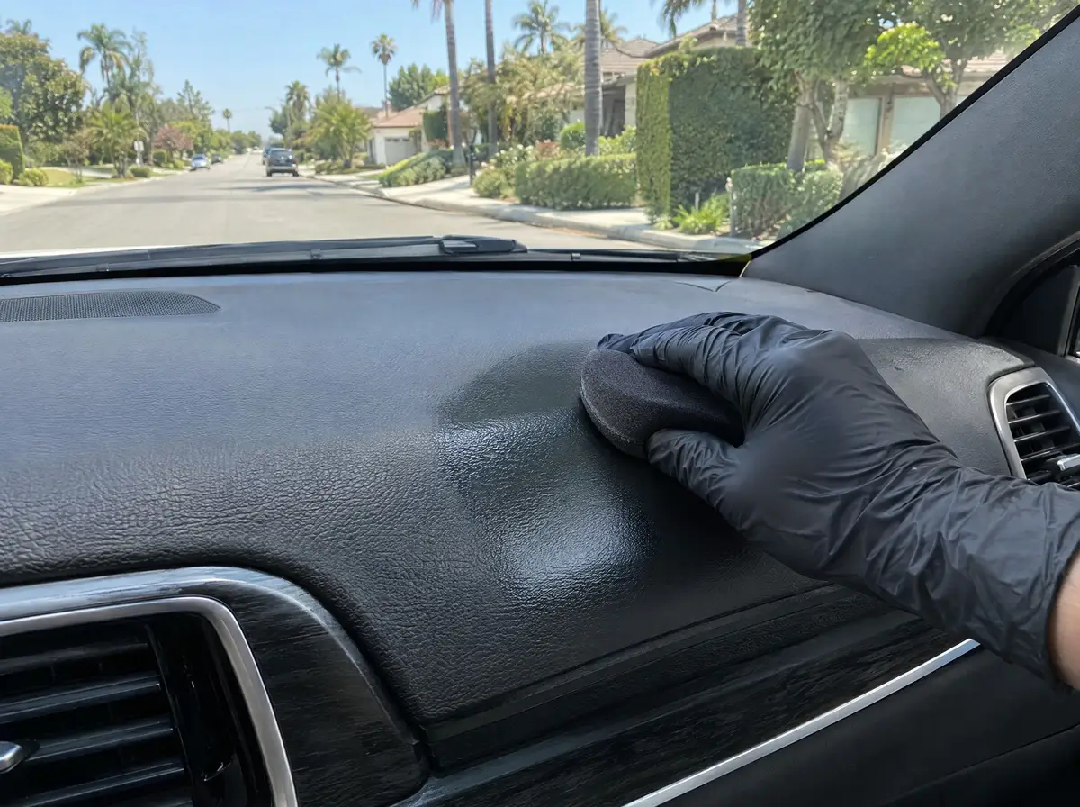 Foam pad wiping a satin UV protectant onto a black dashboard, clean windshield