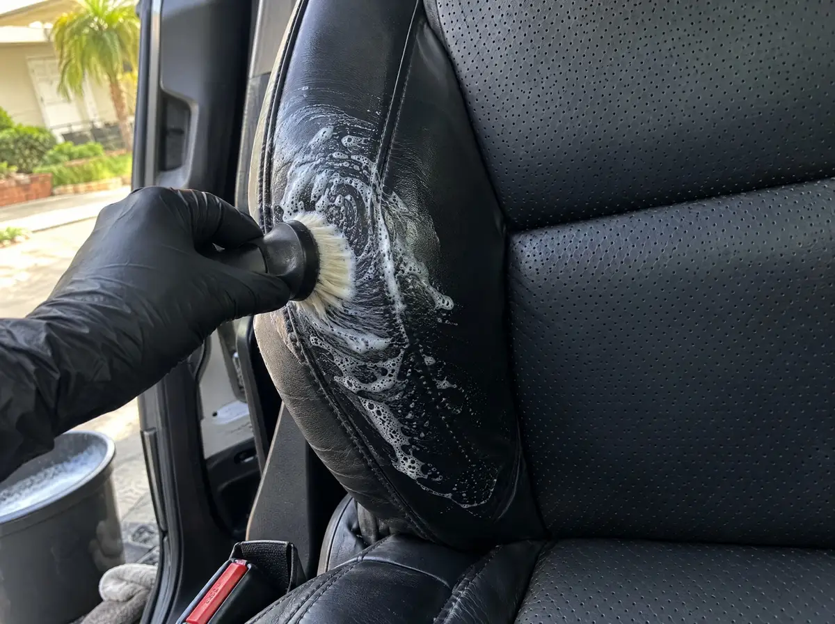 Horsehair brush working foamy leather cleaner into a black perforated leather seat bolster