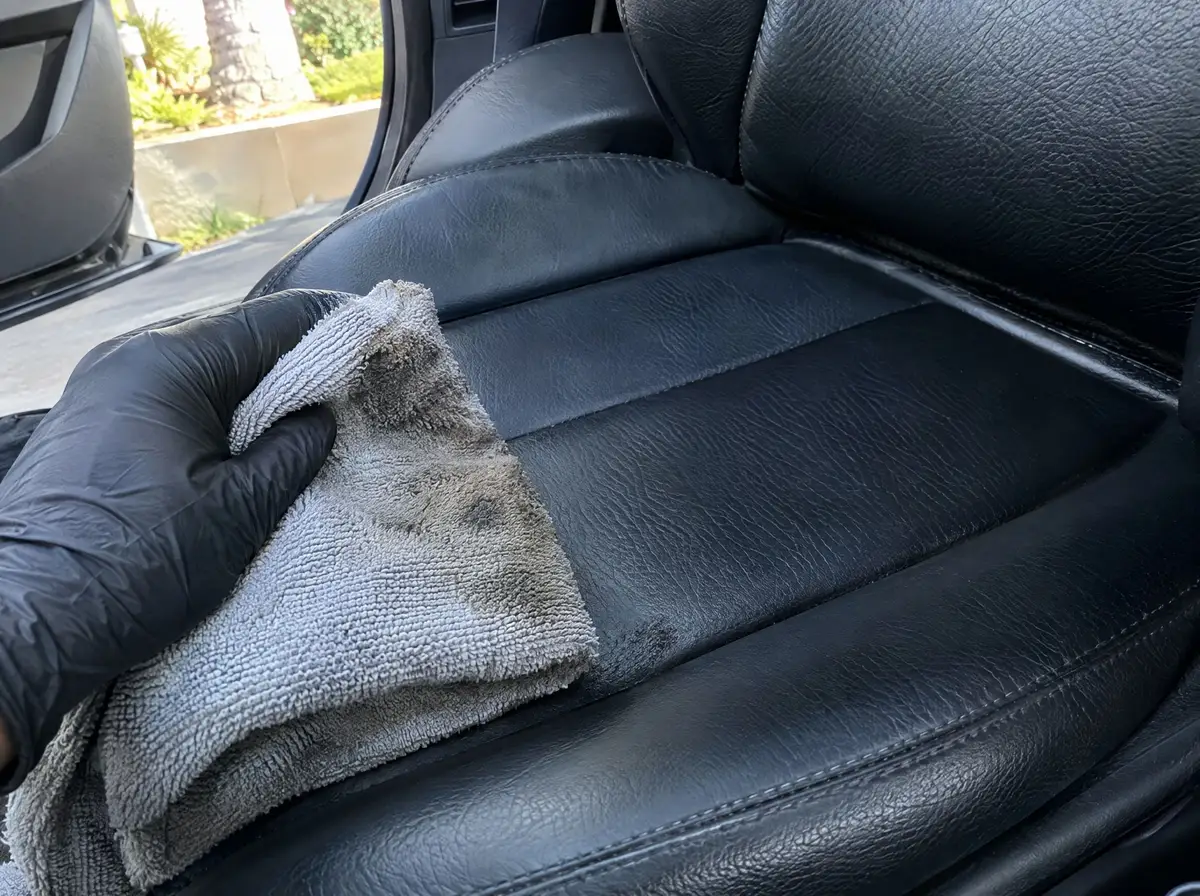 Microfiber towel wiping a black leather seat, the lifted grime showing on the towel