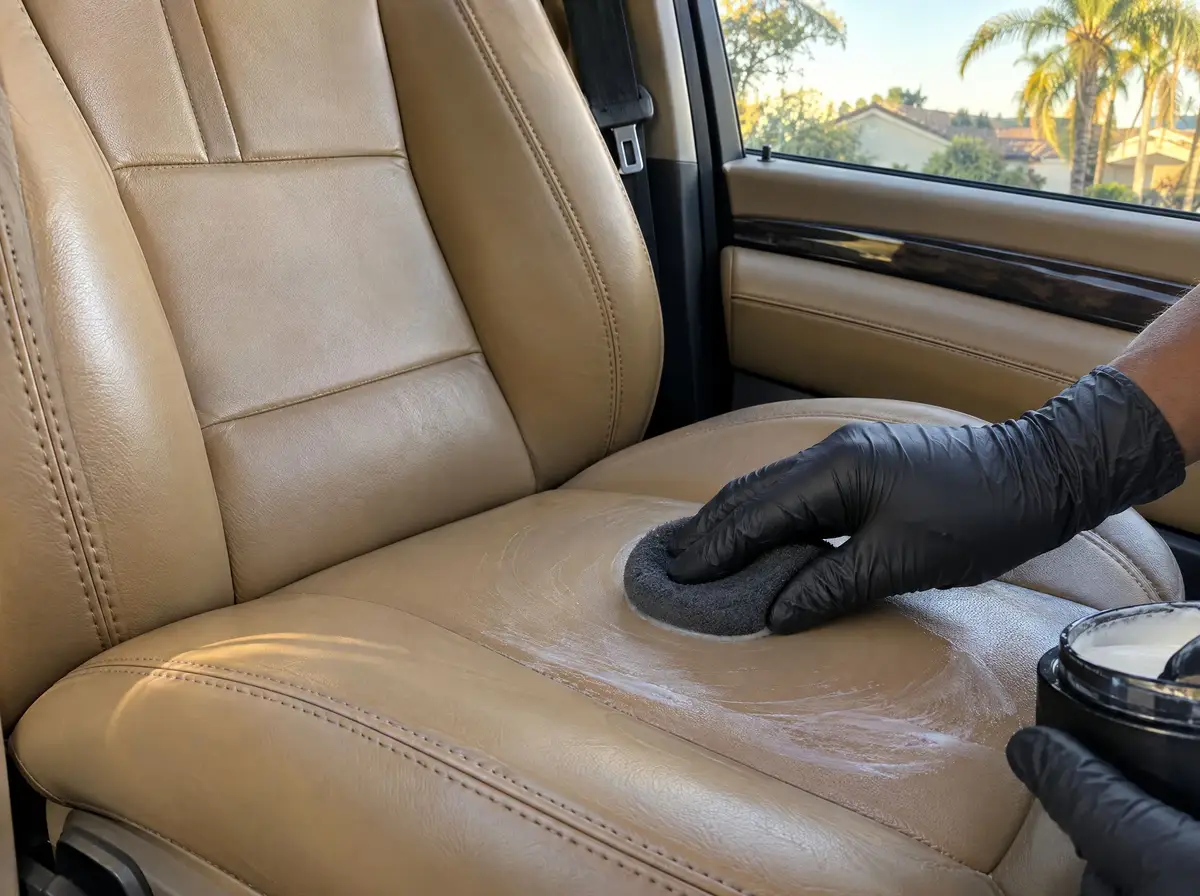 Foam applicator spreading conditioner across a tan leather seat in afternoon light