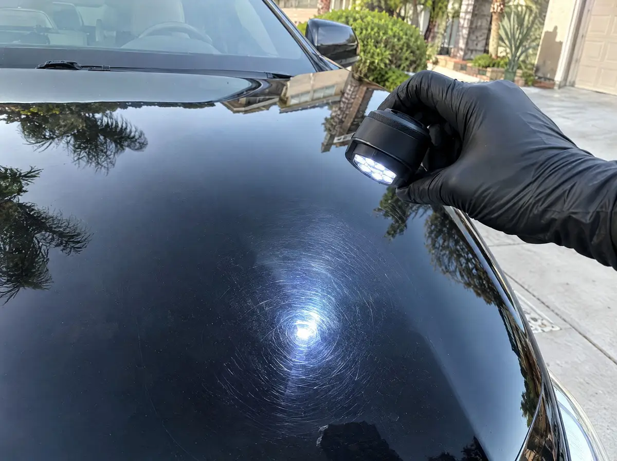 Swirl-finder light held over a black hood, spiderweb swirl marks lit up