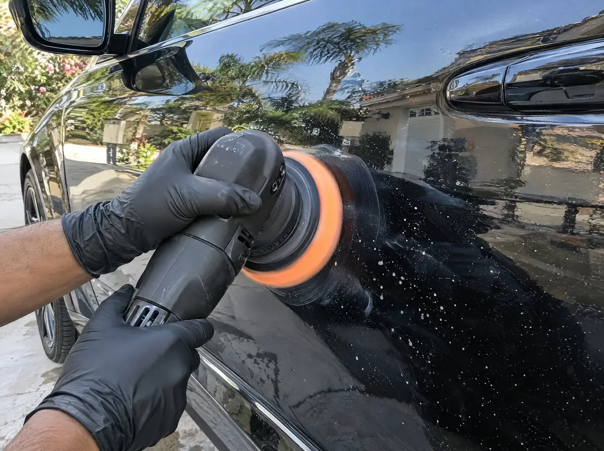 Dual-action polisher with an orange foam pad working a black door panel in a driveway