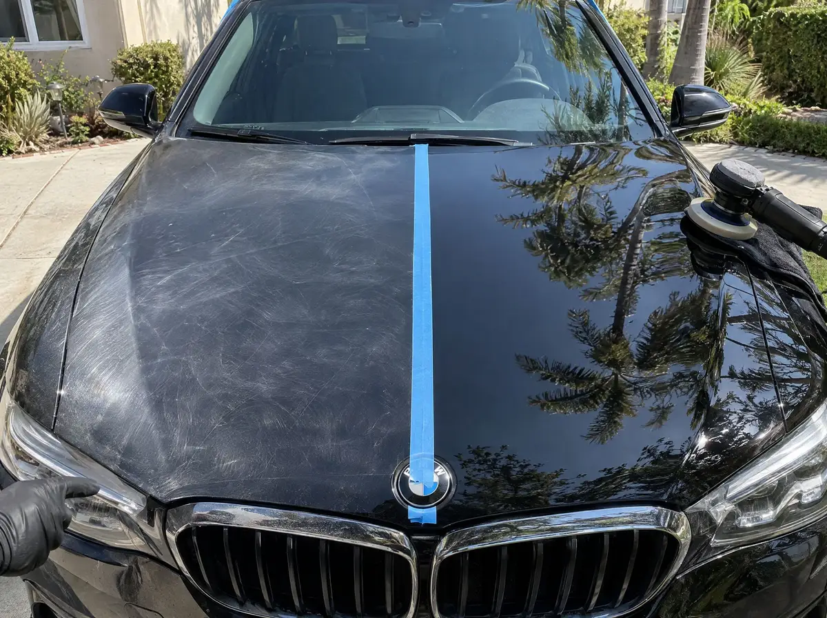 Tape line across a black hood, the swirled half beside the corrected mirror-gloss half