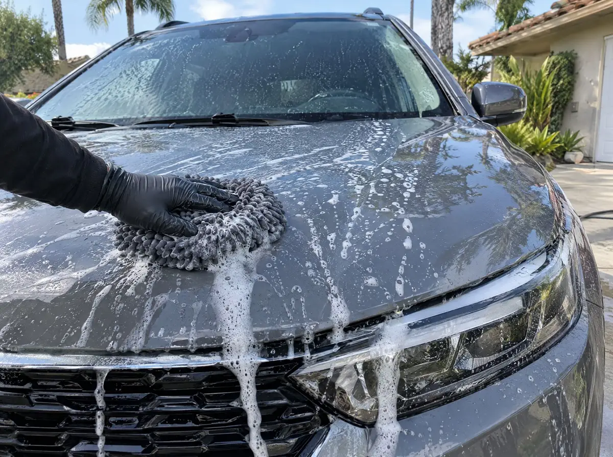 Clay mitt sweeping across the soapy hood of a grey SUV in a driveway