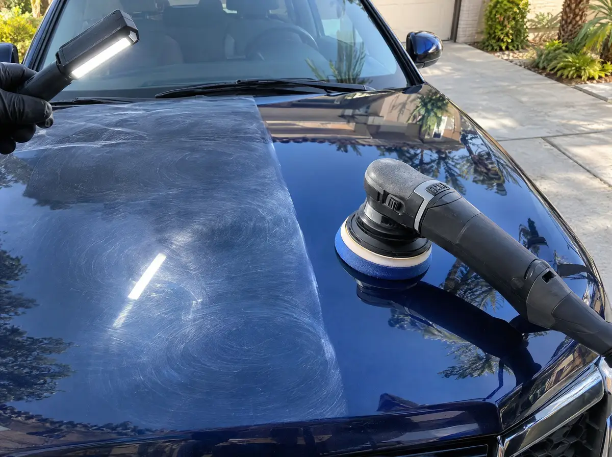 Dual-action polisher on a dark blue hood under an inspection light showing swirl marks