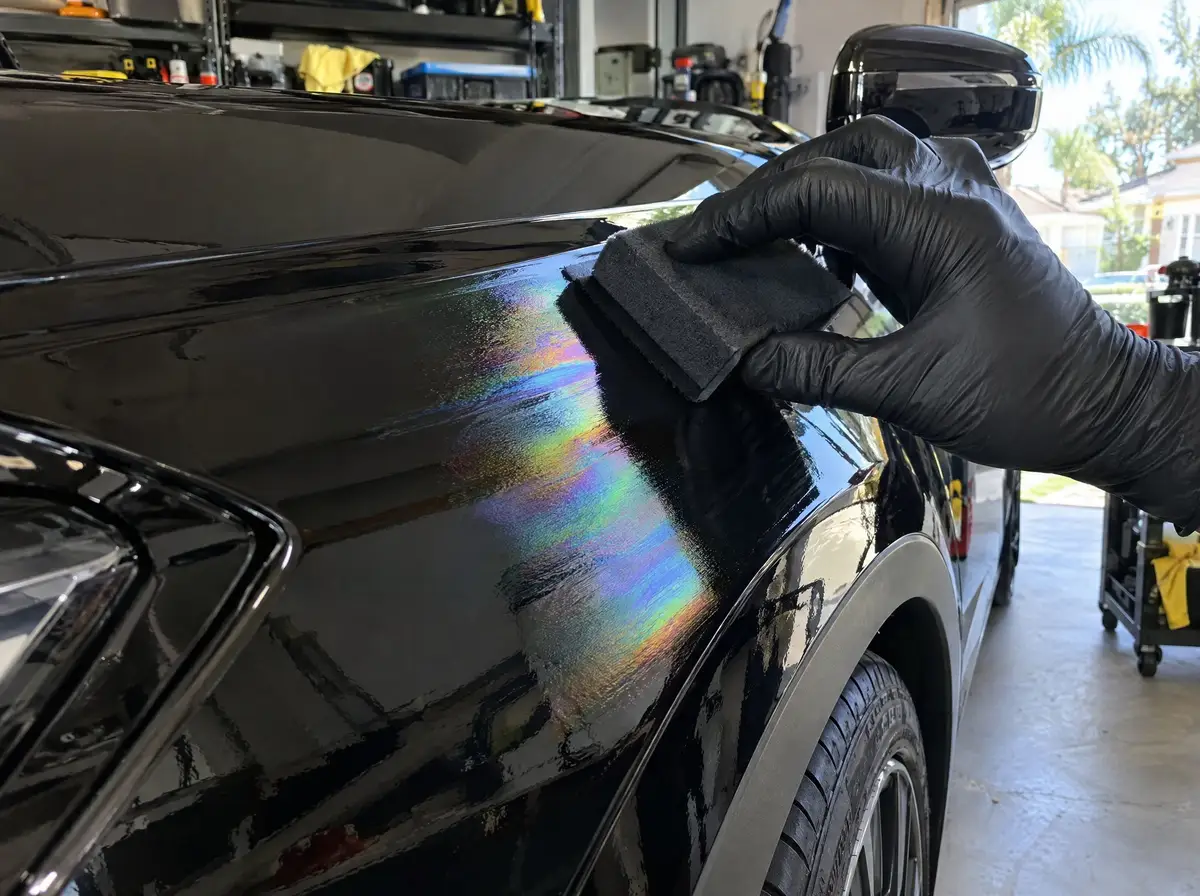 Suede block applicator laying ceramic coating on a black fender in a home garage