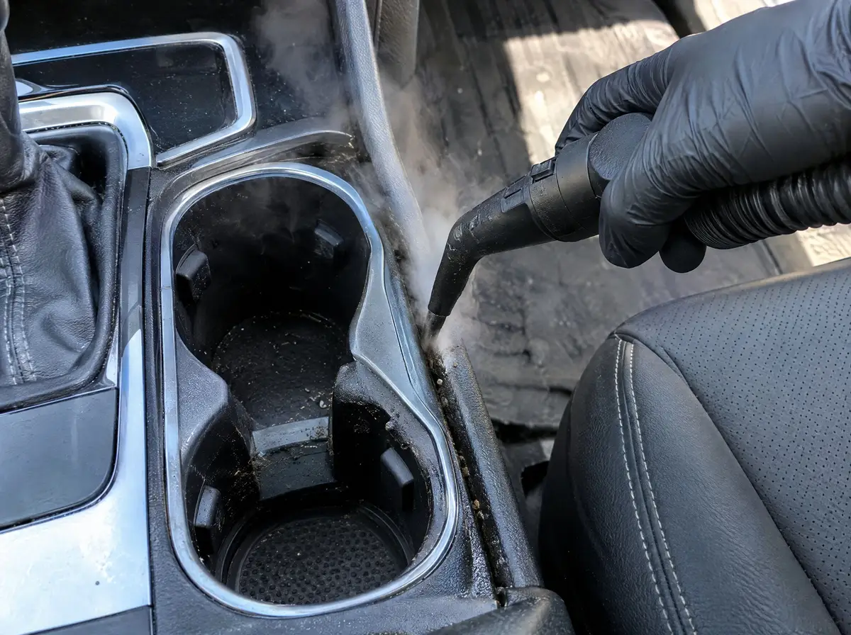 Steam cleaner nozzle blowing steam into the seam beside a center console cup holder
