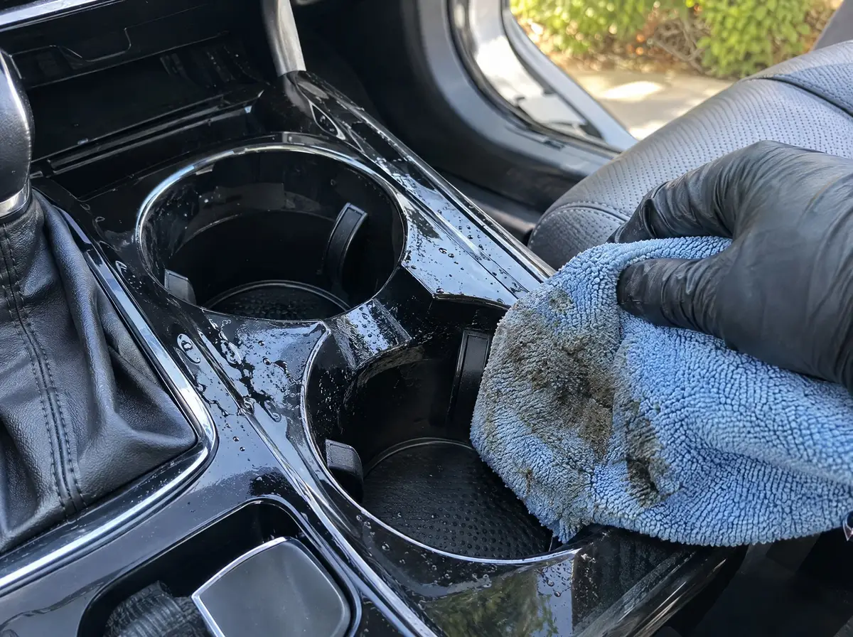 Microfiber towel wiping a just-steamed cup holder clean, dirt lifted onto the towel