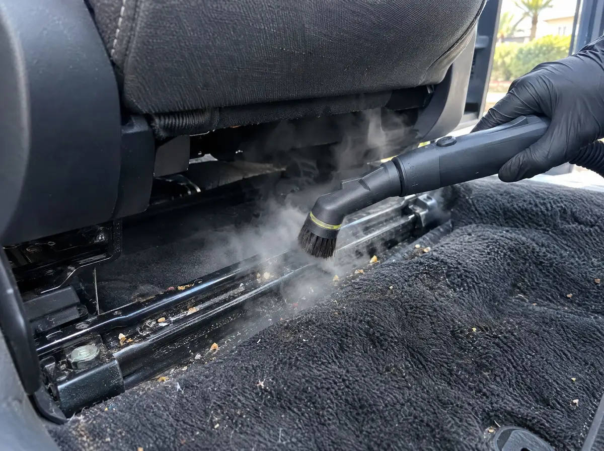 Steam nozzle with a brush attachment on the seat track rail under a front seat