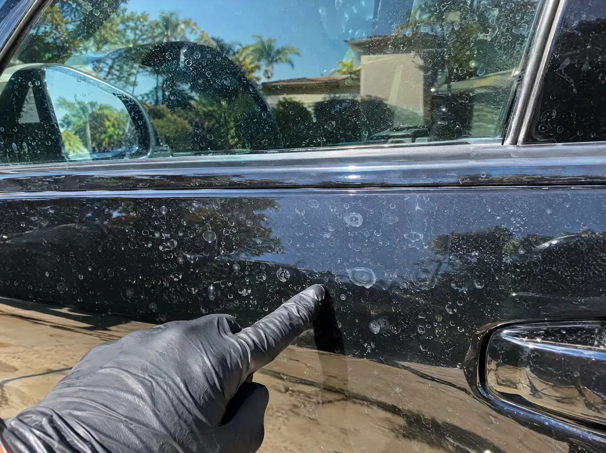 Mineral water spots on black paint and door glass in direct sun, a gloved finger pointing at them