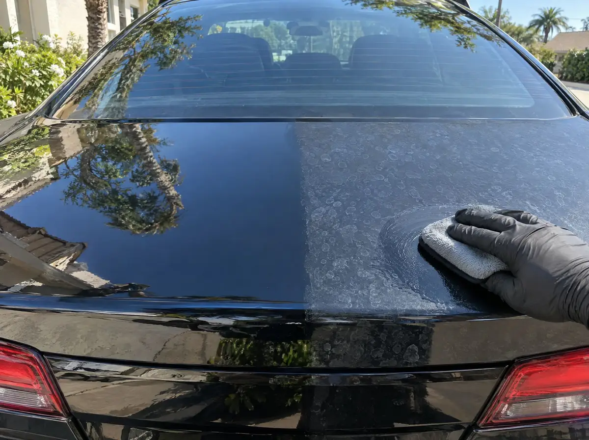Water spot remover worked into a black trunk lid, one half of the panel already clear