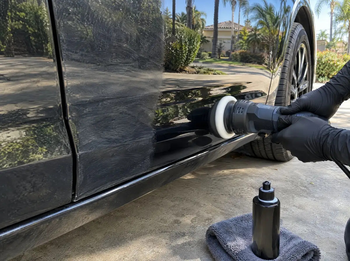 Small polisher on a black lower door, gloss returning, sealant bottle on a towel on the driveway