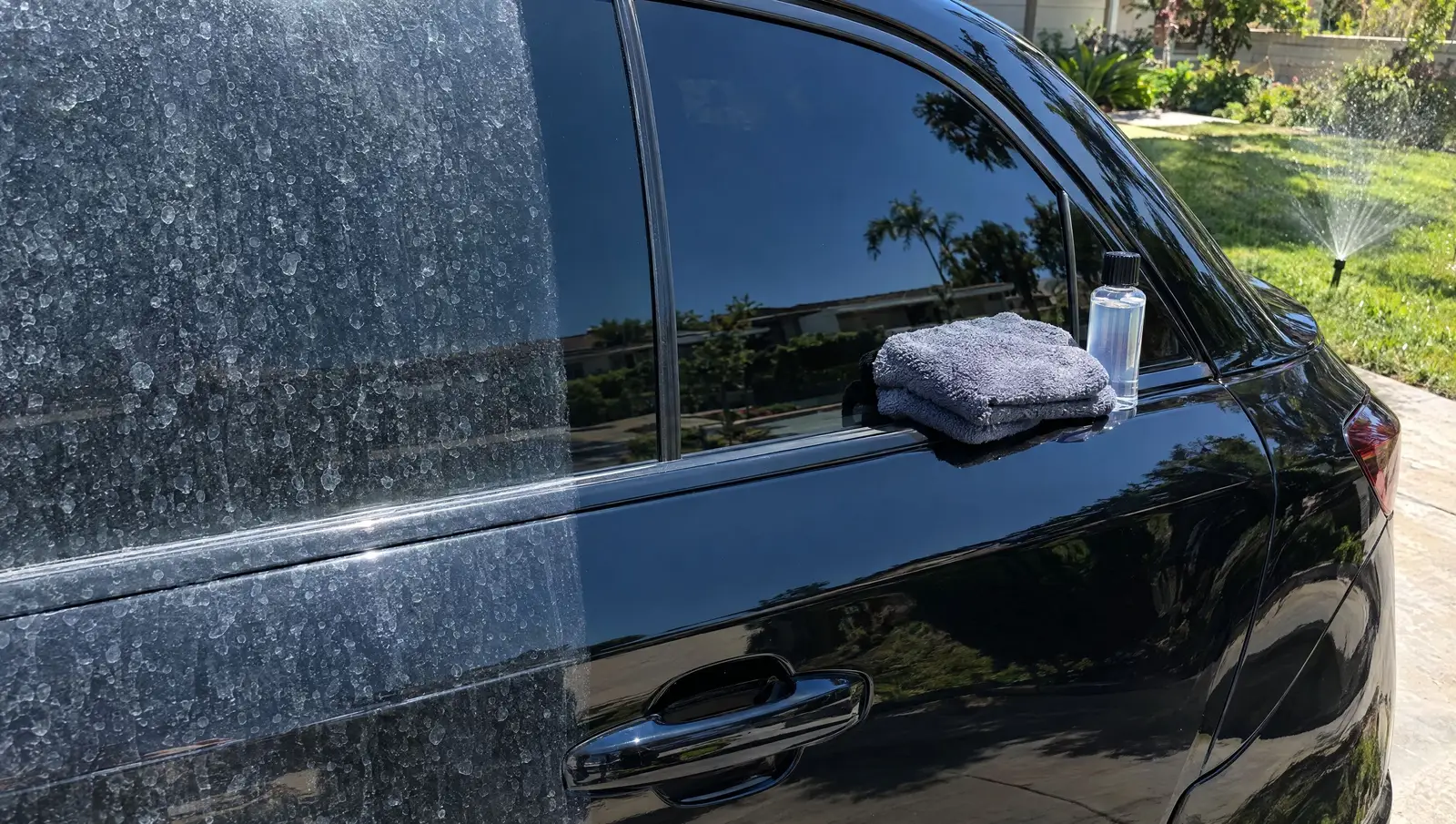 Black car door and window, half still covered in mineral water spots, half polished clear
