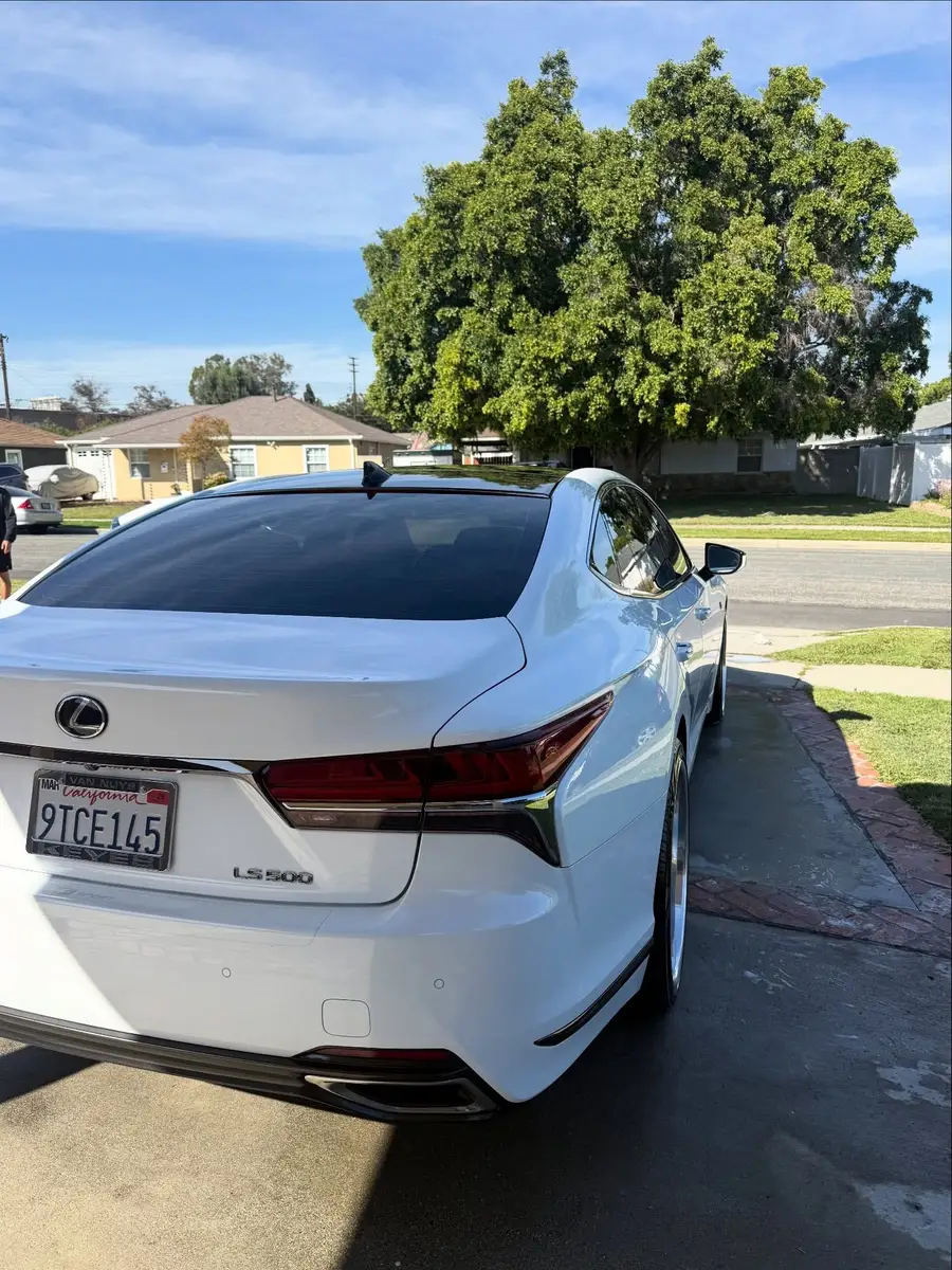 Rear of a white Lexus LS 500 after an exterior detail