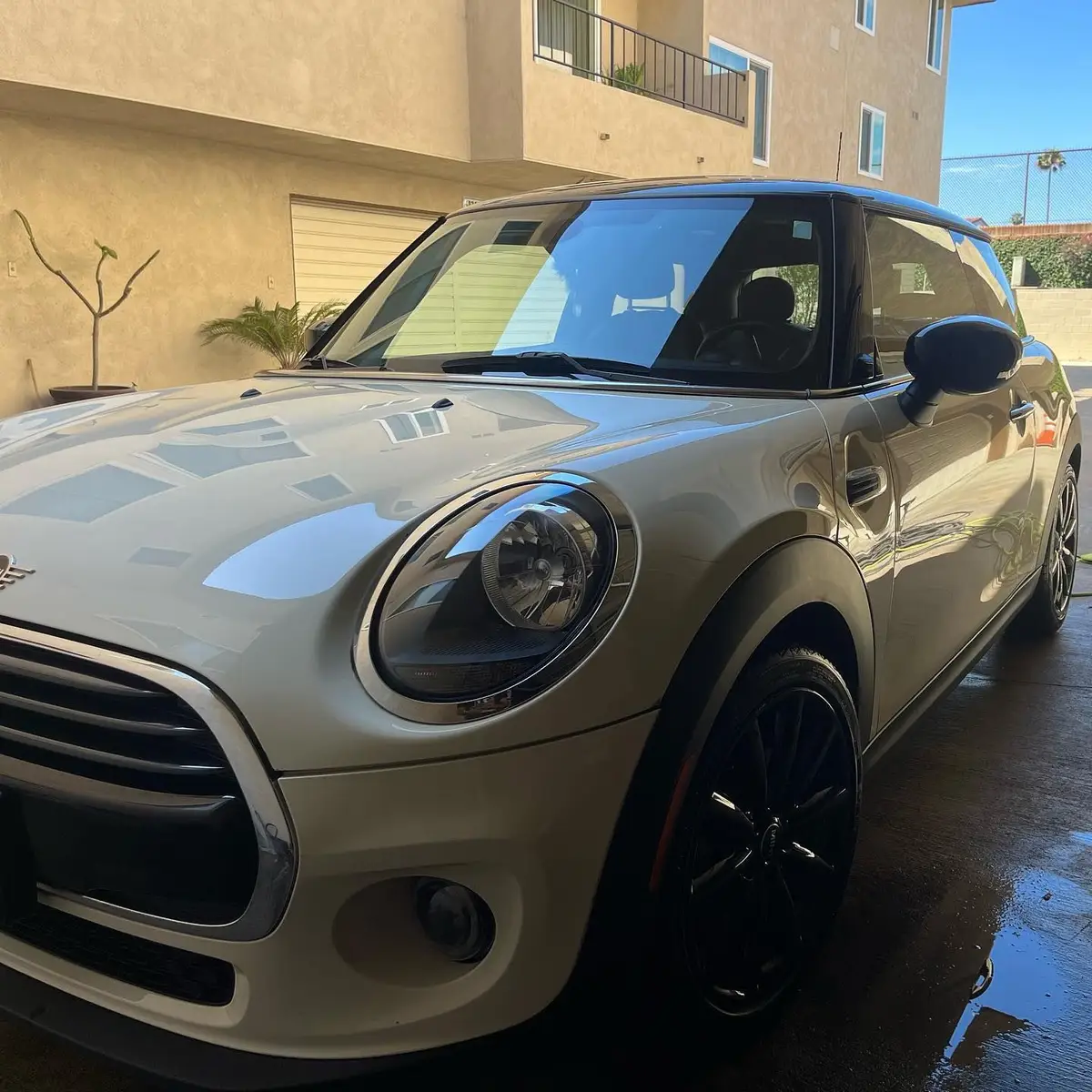 Silver Mini Cooper after detailing, parked in front of a house