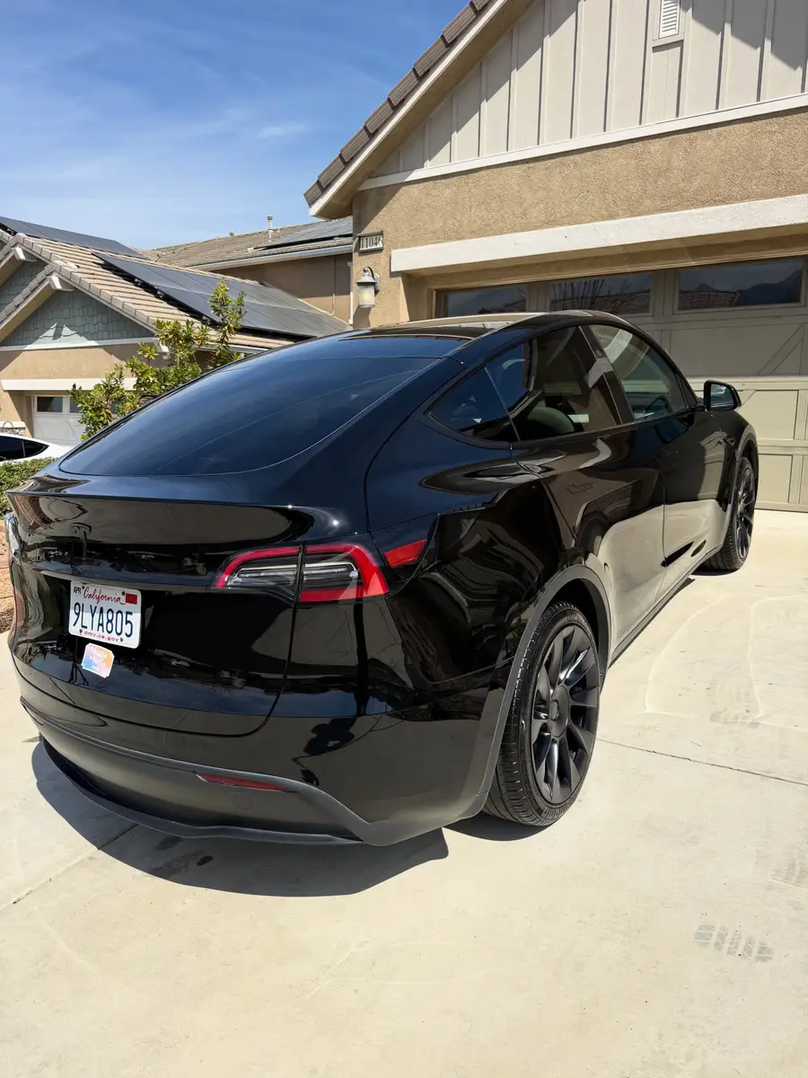 Rear of a black Tesla Model Y after detailing, parked in a driveway
