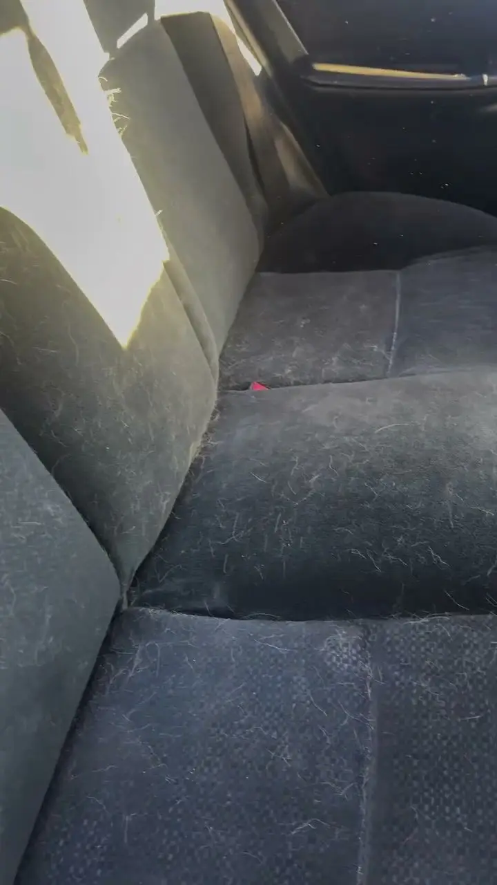 Heavily stained cloth driver seat before carpet and seat extraction